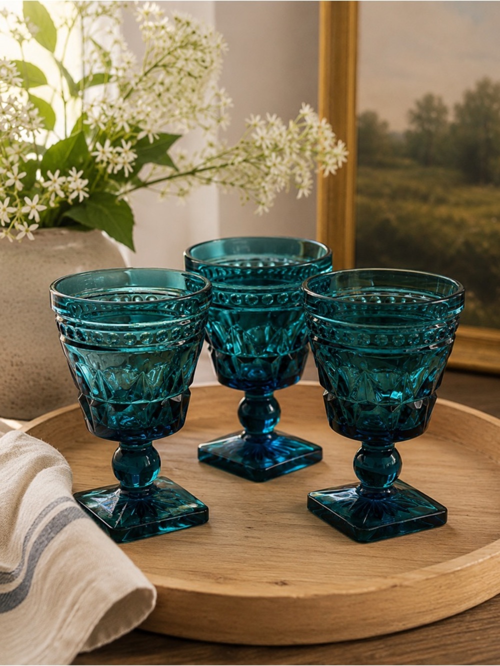 Vintage Indiana Glass Colony Park Lane Teal Blue Wine Goblets Set of 3 MCM
